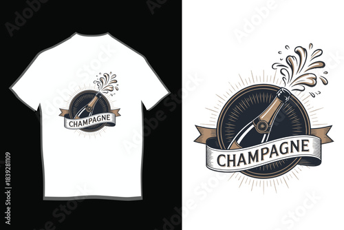 Retro Champagne Bottle Pop T-Shirt Design and Badge
