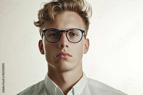 Close-up of a man wearing glasses on a white background, a man wearing glasses looks up