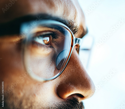 Close-up of a man wearing glasses on a white background, a man wearing glasses looks up