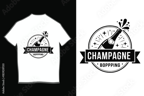 Retro Champagne Bottle Pop T-Shirt Design and Badge