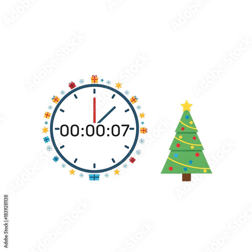 A festive New Year countdown clock beside a small decorated Christmas tree.