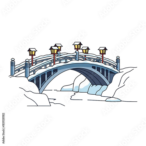 A snowy decorative bridge with lanterns and icy winter scenery beneath it.