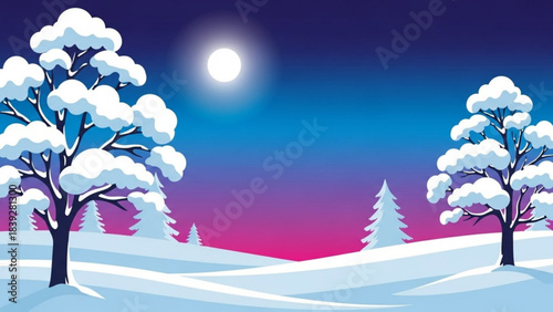Beautiful winter night landscape with snow covered trees and bright full moon in a deep blue and purple sky