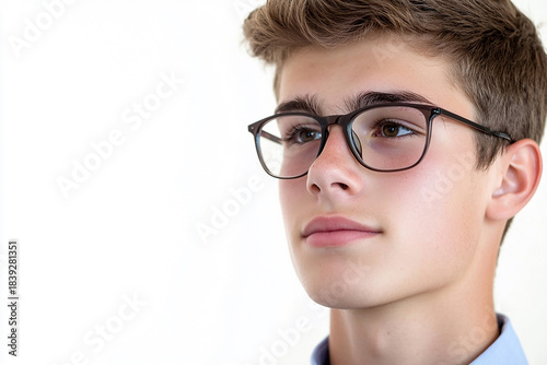 Close-up of a man wearing glasses on a white background, a man wearing glasses looks up