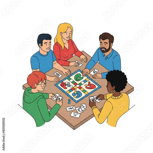 A group of friends playing a holiday board game together at a table.