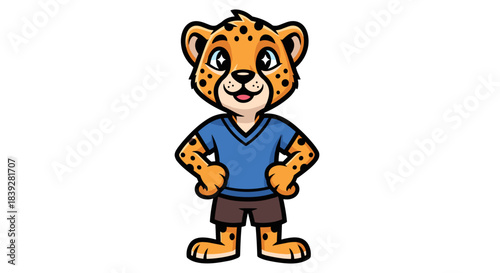Cute cartoon cheetah cub character standing proudly in clothes.