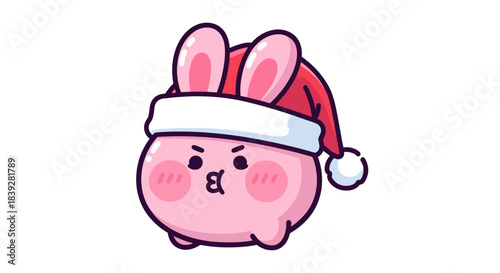 Cute pink bunny wearing a Santa hat with an angry expression.