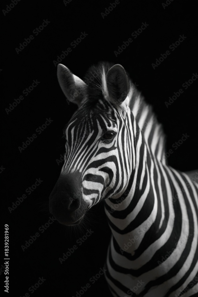 Obraz premium Close-up portrait of a zebra against a black background