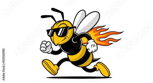 Fast Bee Wearing Sunglasses with Flames on Wings.