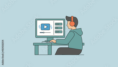 A student using a pair of headphones immersed in a coding tutorial with lessons open in a side window on their screen.