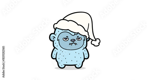 Grumpy cartoon blue yeti character wearing a white holiday hat.