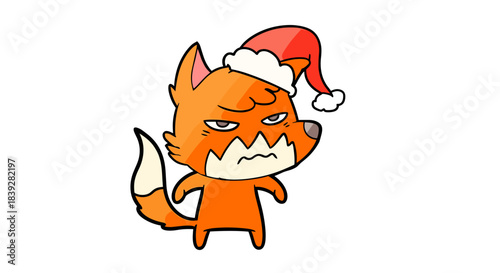 Grumpy cartoon fox wearing a red Santa hat for Christmas.
