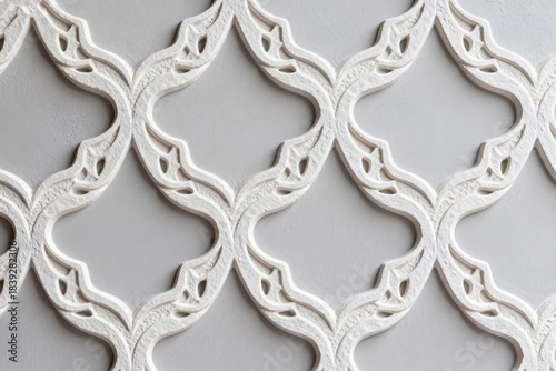 Ornate White Wall Panel, Decorative Architectural Design, Intricate Pattern, Interior Decor, Textured Surface, Geometric Artwork