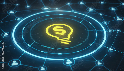 Illuminating Financial Innovation: Conceptual image of a lightbulb with dollar symbol in a digital network, signifying innovative financial concepts and digital connection.