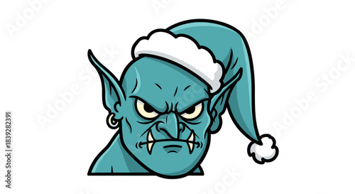 Grumpy Green Goblin Wearing a White and Blue Santa Hat.
