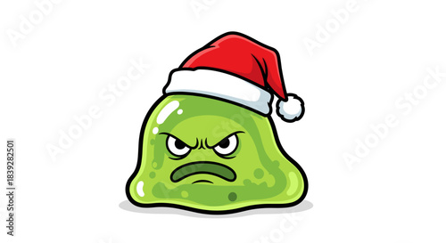 Grumpy Green Slime Monster Wearing Santa Hat Christmas Character.