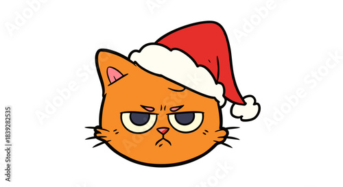 Grumpy Orange Cat Wearing a Santa Hat with a Disgruntled Expression.