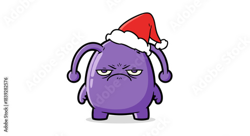 Grumpy purple monster wearing a Santa hat.