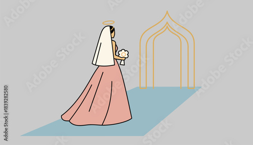 The bride veiling her face as she walks toward the altar a gesture signifying modesty and the transition to married life.