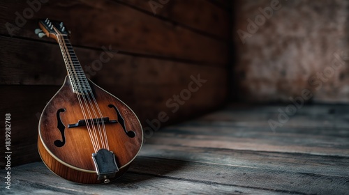 Rustic mandolin on wooden floor closeup