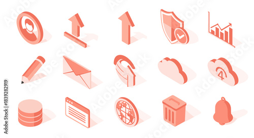 Isometric Icon Set for Web and Mobile Applications in Orange.