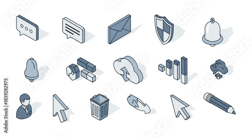 Isometric Icon Set Representing Various Digital and Technological Concepts.