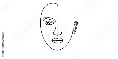 Minimalist continuous line drawing of a split face