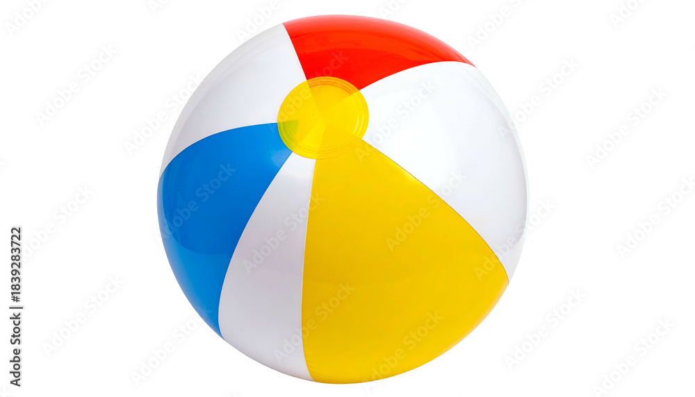Obraz premium A brightly colored beach ball with red, blue, yellow, and white panels. Isolated on black