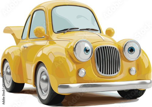 Playful Cartoon Yellow Car with Smiling Face and Expressive Eyes for Children’s Media, Animation, and Friendly Vehicle Iconography