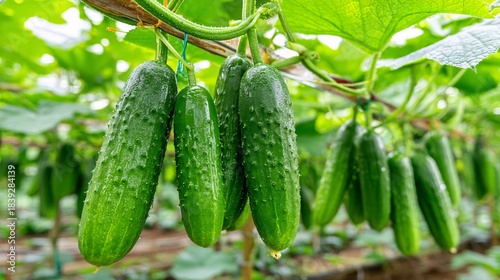 of fresh cucumbers hanging on healthy green vines in a sunlit farm field with dew drops on the leaves and natural background cucumber close up farm field green vines agriculture fresh harvest 