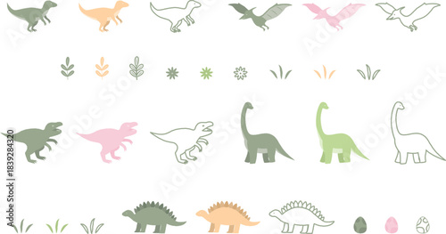 いろいろな色と種類の恐竜イラストセット
