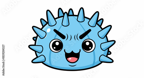 Cute Blue Spiky Cartoon Character with Big Eyes and Happy Expression.