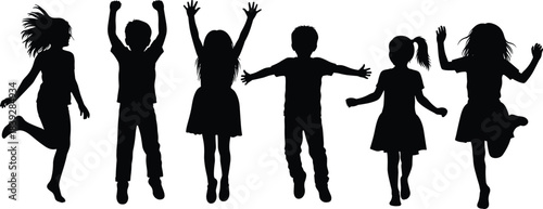 Silhouettes of Happy Jumping Children in Playful Poses Representing Joyful Childhood, Active Lifestyle, Fun, Friendship, and Outdoor Energy