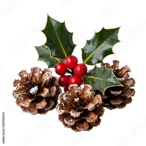 Pine cones with snowy frost, holly leaves, and red berries