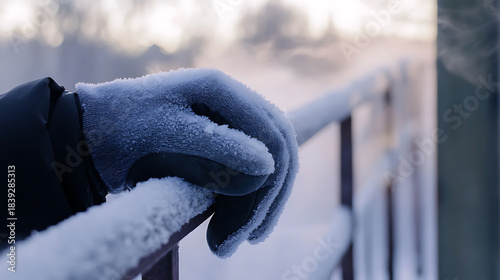Gloved hand resting on a snowy railing. The cold air is palpable in this intimate moment, captured in a detailed, close-up shot, hinting at winter's serene beauty.