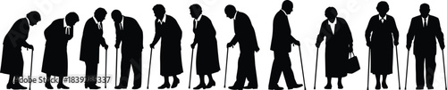 Silhouettes of elderly people with canes, standing in row, representing aging, mobility challenges, senior care, and healthcare themes