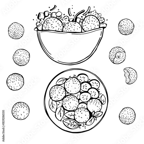 Hand-drawn falafel set. Pita with falafel,  falafel balls. Vector sketch illustration.