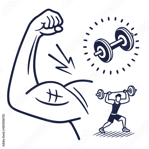 Illustration of a flexing bicep and weightlifting actions
