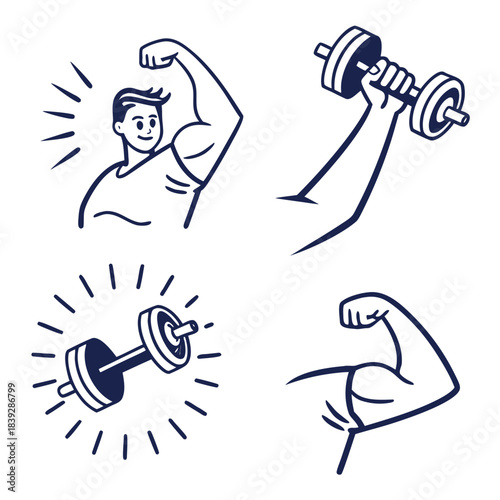 Fitness and strength icons featuring dumbbells and biceps