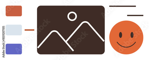 Stylized mountains against a sun in a frame, adjacent to orange smiling face and color palette blocks. Ideal for design, creativity, branding, empathy, positivity, minimalism, and flat aesthetics