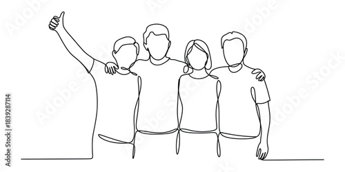 Continuous line drawing of four friends giving thumbs up