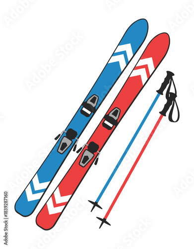 Pair of red and blue skis with bindings and two ski poles isolated transparent background ( include cut-out PNG file )