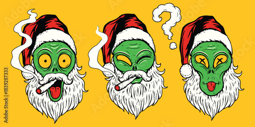 Funny Alien Santa Claus Smoking Vector Christmas Mascot Set