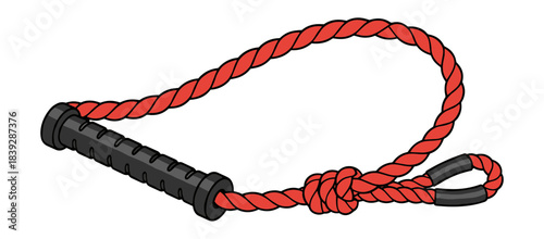Red twisted rope tow handle with a black grooved grip and loops Isolated transparent background ( include cut-out PNG file )