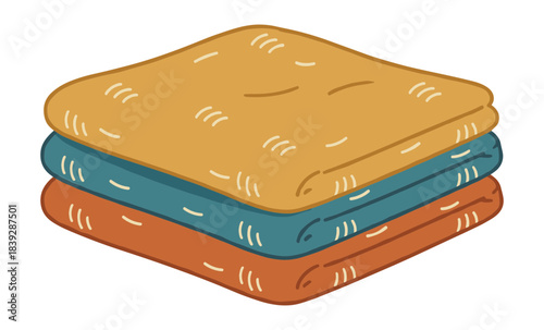 Stack of three folded blankets or towels orange teal yellow colors doodle style Isolated transparent background ( include cut-out PNG file )