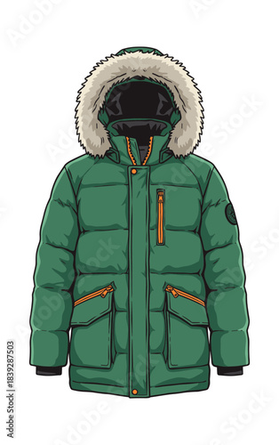 Puffy green winter parka jacket with fur trimmed hood orange zippers Isolated transparent background ( include cut-out PNG file )