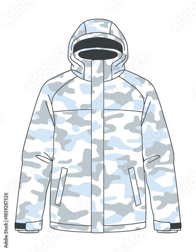 Technical illustration of a snow camouflage winter jacket with an attached hood Isolated transparent background ( include cut-out PNG file )