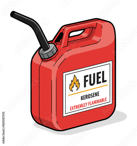 Red plastic kerosene fuel can with a black flexible spout and warning label Isolated transparent background ( include cut-out PNG file )