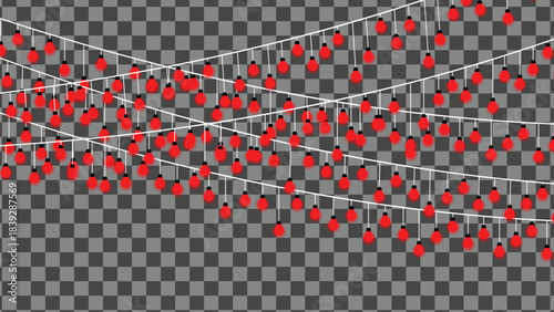 Festive red string lights on transparent background