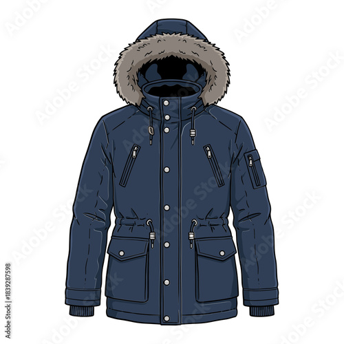 Warm dark blue winter parka jacket with fur trimmed hood and many pockets.Isolated transparent background ( include cut-out PNG file )